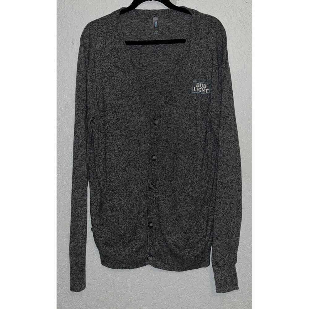 Knitted Embroidered Bud Light Logo Sweater 3/4 Button Up Men Sz Large Gray